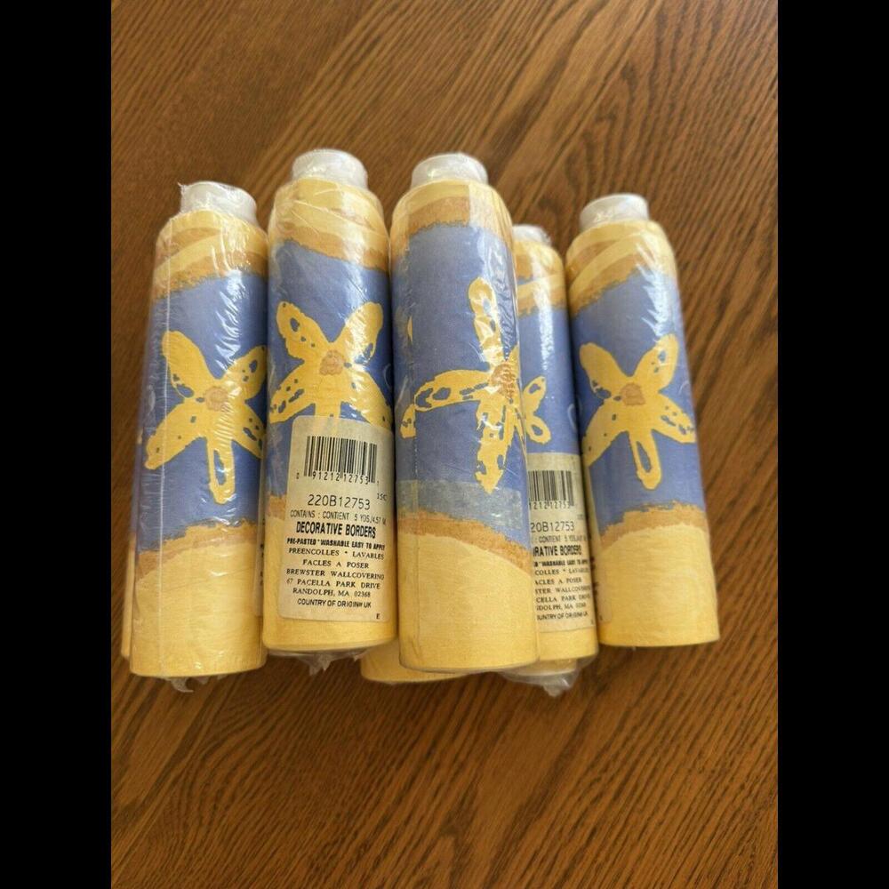BREWSTER WALLPAPER DECORATIV BORDER Flower Blue Yellow Water Color 220B12753 NIP